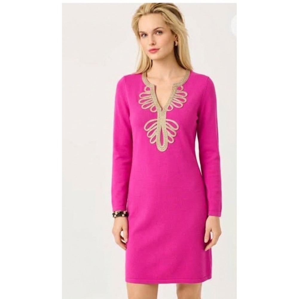 Lilly Pulitzer Devlin Sweater Shift Dress S Magenta Pink Gold Merino Wool Preppy